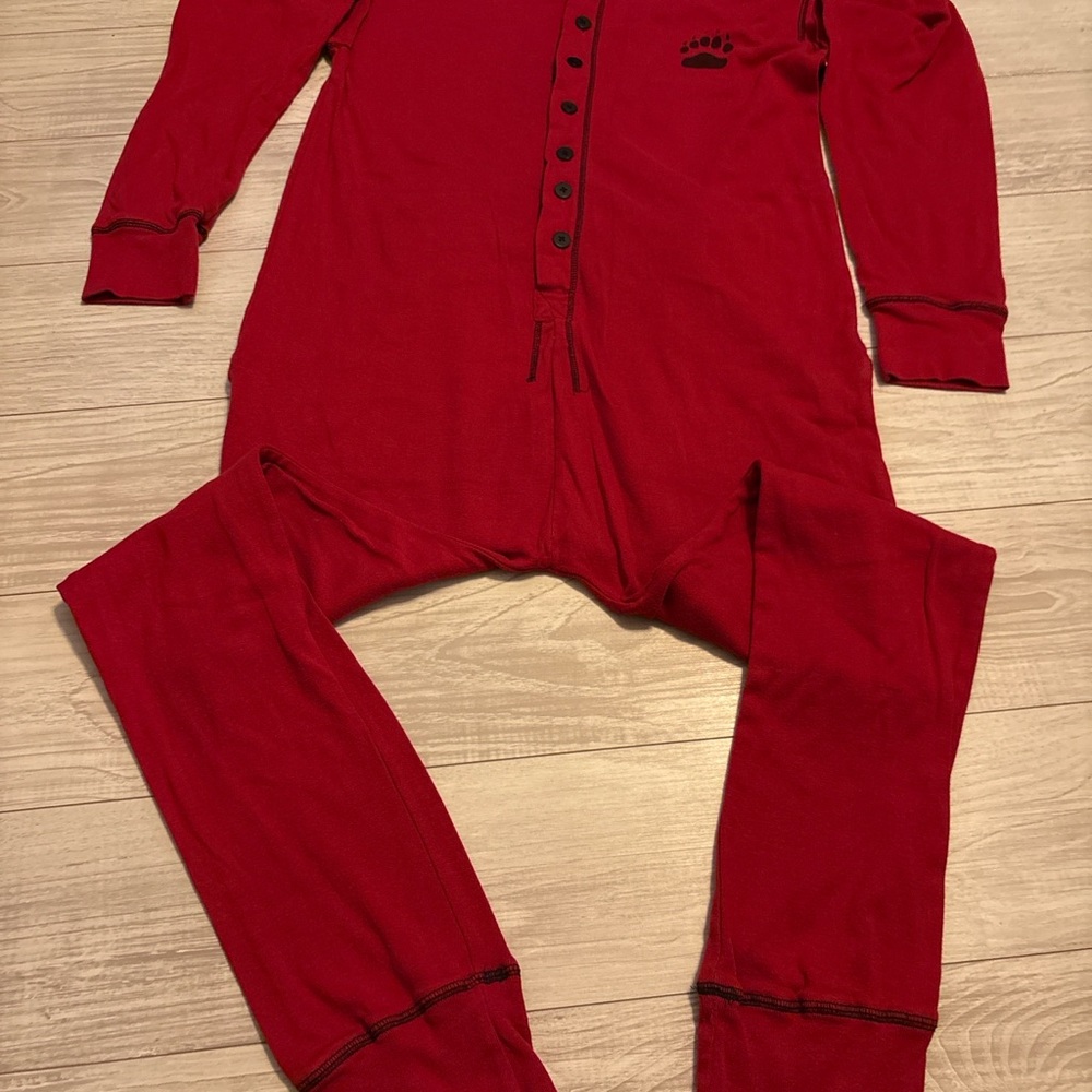 Lazy One Bear Bum Adult One-Piece Sleeper Pajamas Red Button Front